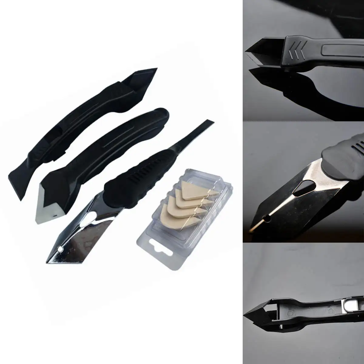 3pcs Black Scraper Caulking Grouting Sealant Finishing Cleaning Tool Kit Set