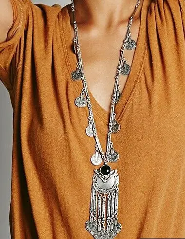 Turkey Bohemian Black Blue Stone Ethnic Coin tassel necklace Turkish Gypsy Boho Beach Choker Bib India Necklace for Women Party