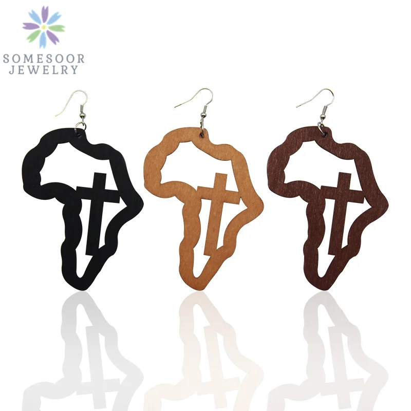 SOMESOOR Vintage African Map Wood Drop Earrings Laser Engraved God Cross Afrocentric Ethnic Art Jewelry For Women Gift Mix 6Pair