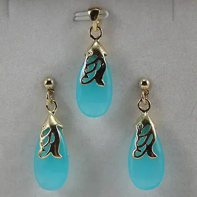 

hot sell new - blue JADE fine jewelry Pendant Necklace Earring Set + fast chain gold Bridal wide watch wings queen JE