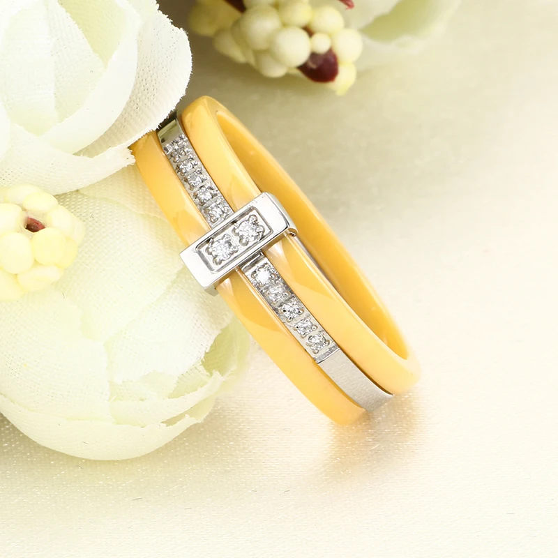 2017 New Fashion Ceramic Rings Stainless Steel & Yellow Color Simple Jewelry Ring With Bling Crystal for Women Christmas Gift