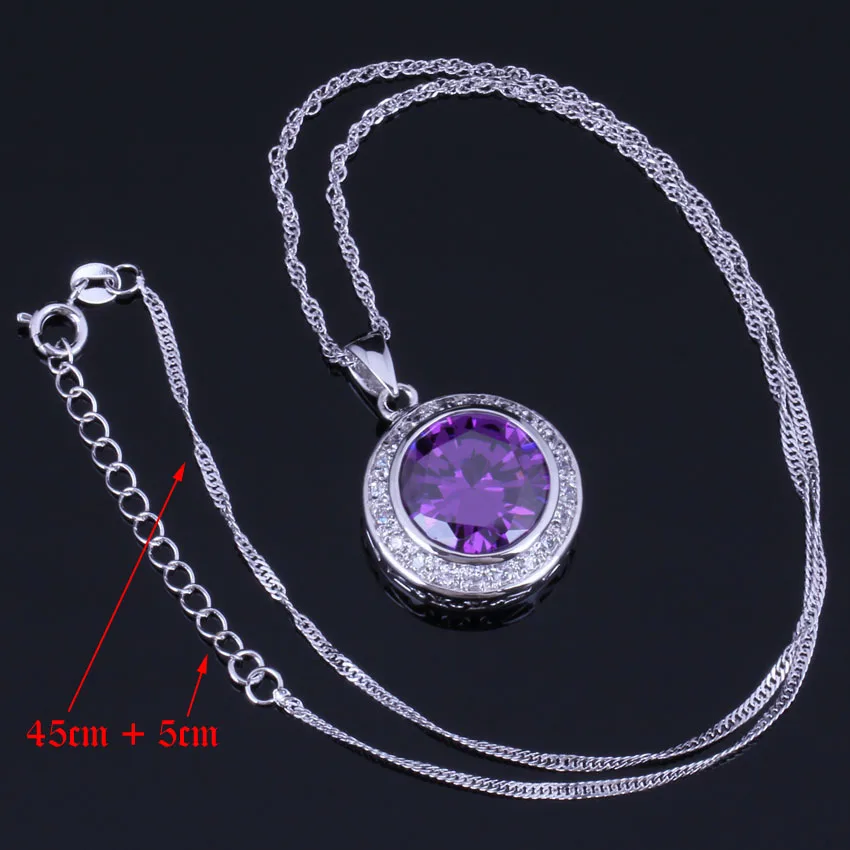 Very Good Round Purple Cubic Zirconia White CZ Silver Plated Jewelry Sets Earrings Pendant Chain Ring V0991