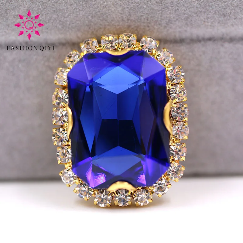 

Free shipping Gold base Rectangular octagonal shape Royal Blue sew on rhinestones glass Crystal button DIY clothing accessories