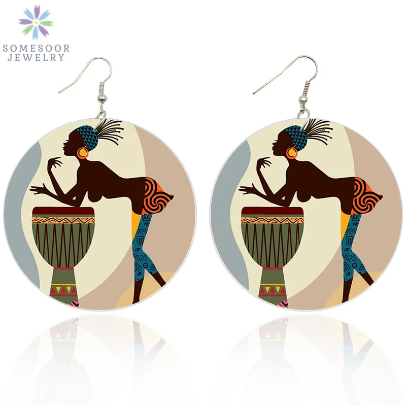 SOMESOOR Retro African Black Woman Art Wooden Drop Earrings Afrocentric Ethnic Natural Hair Double Sides Printed Wood Jewelry