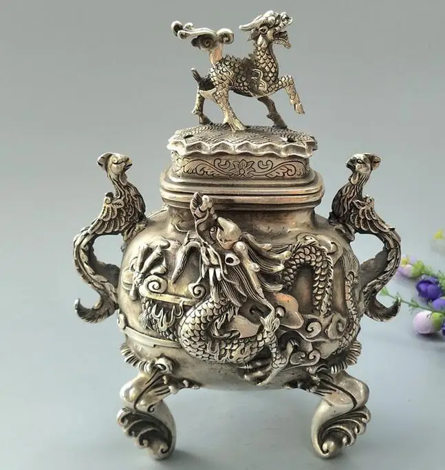 

Collectible archaize white copper kirin dragon phoenix incense burner