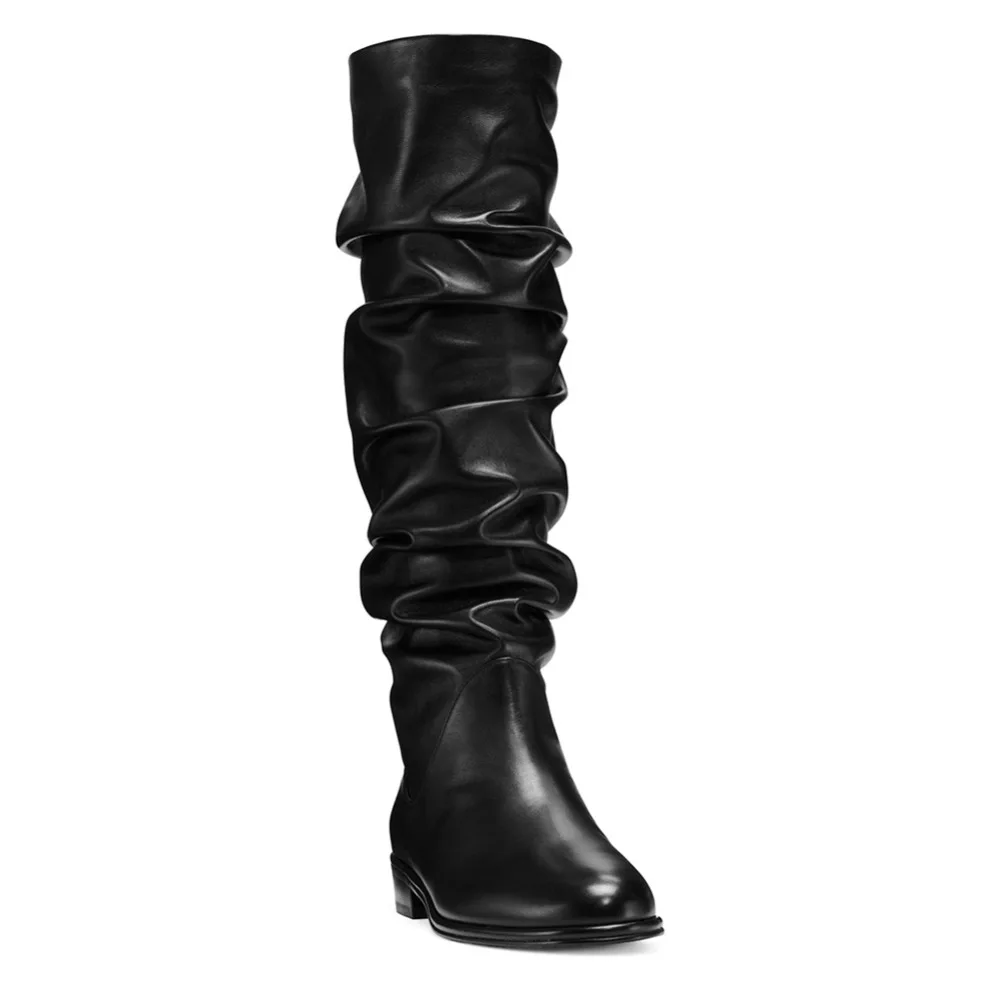 Women Black Round Toe Flat Slouch Knee High Boots Pleated Long Boots for Ladies Stylish Warm Autumn Winter Shoes Big Size 43