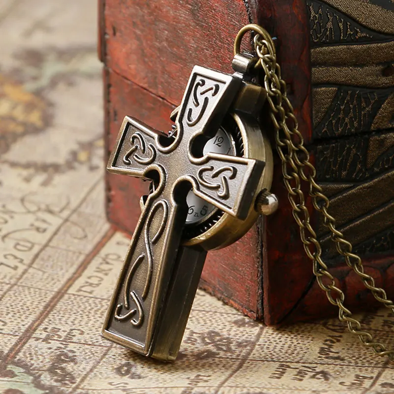 Cool Cross Design Vintage Bronze Quartz Fob จี้นาฬิกาสร้อยคอที่ดีที่สุดของขวัญ