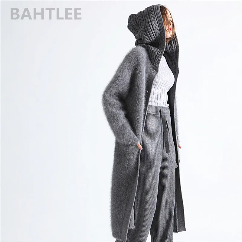 BAHTLEE-Women's Angora Rabbit Hat Cardigans, Super Long Sweater, Loose, Flash Pearl, Button Pocket, Very Thick,  Winter