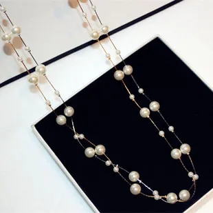 White Simulated Pearl Jewelry Multi-Layer Long Necklace Women Bijoux Fashion Classic Beads Chain Necklaces & Pendants Gift