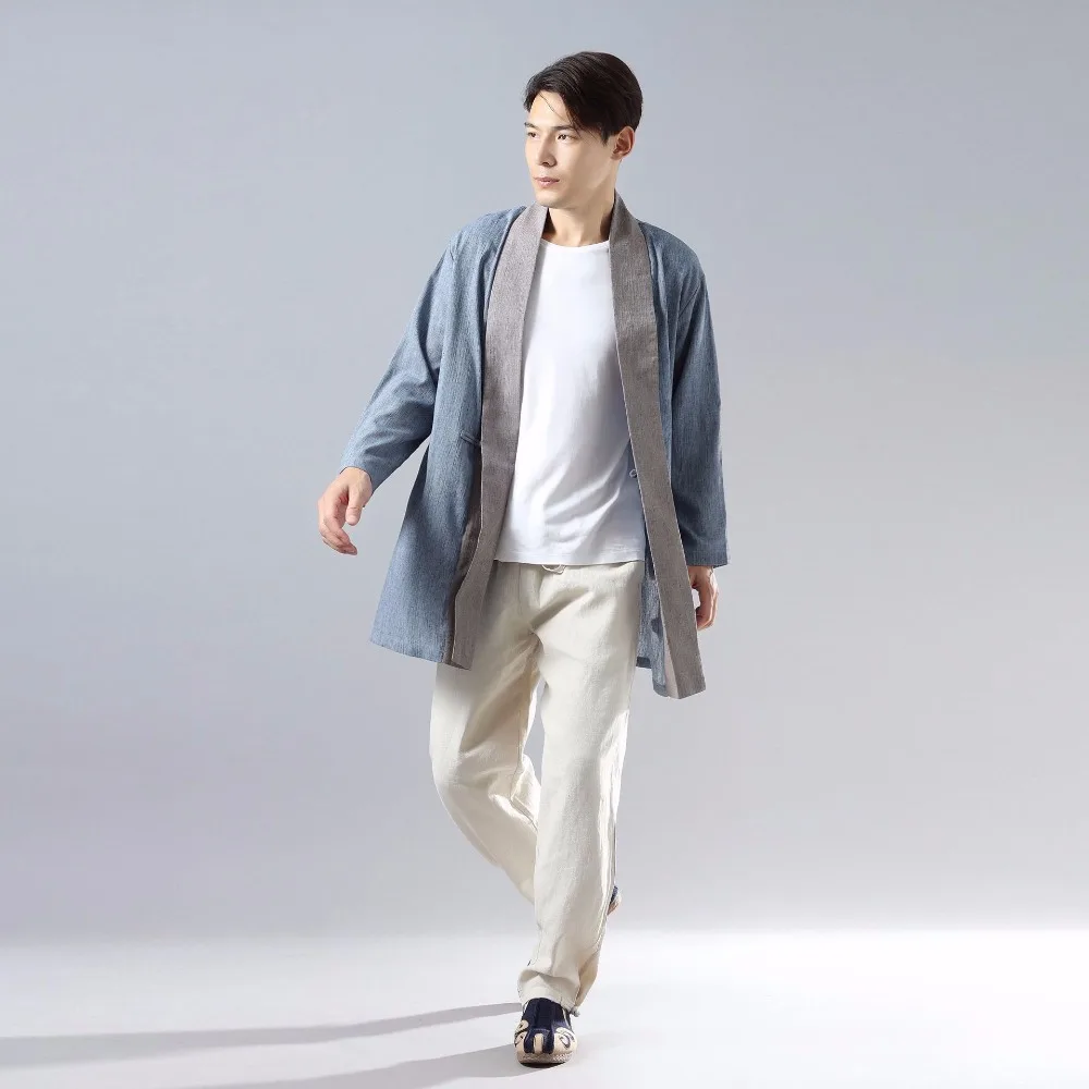 LZJN-Men's Long Sleeve Kimono Cardigan, Cotton Linen Clothing, Chinese Hanfu, Contrast Color Blouse, Casual Cardigan,