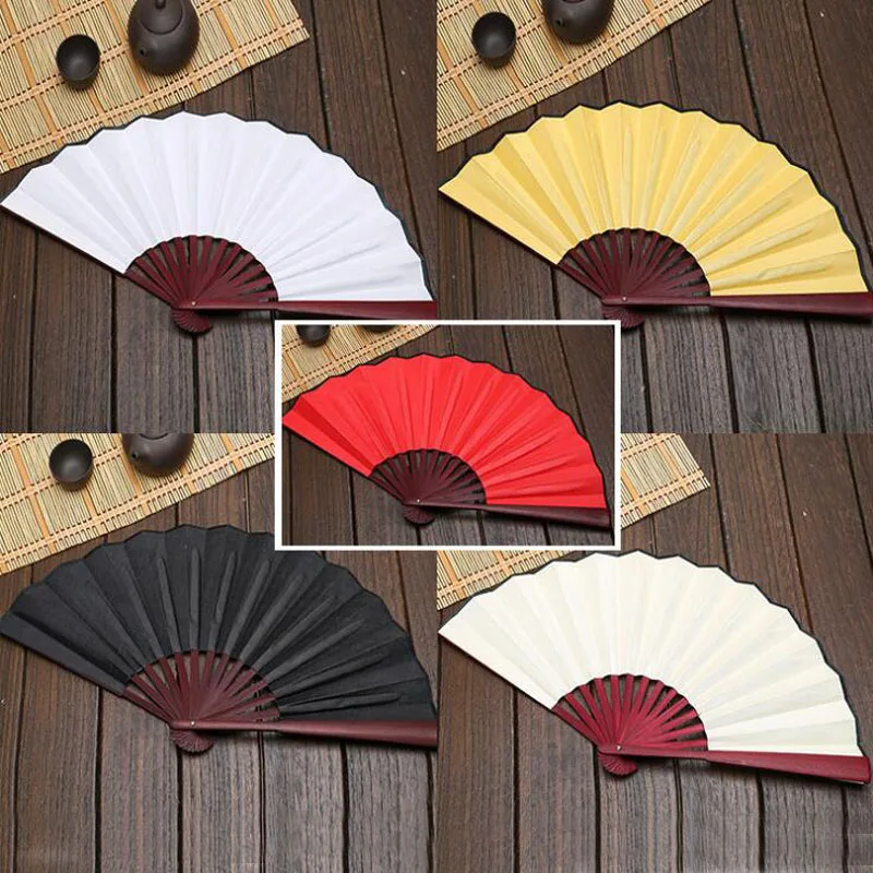 50pcs Large 33cm Folding Fan Black White Cloth Wooden Hand Fans DIY Craft Art Planting Ornaments Men's Outdoor Handfan ZA6334