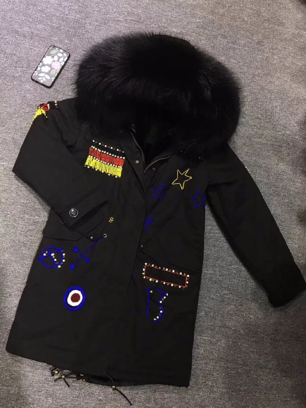 

German Embroidered Flag Pattern Black Classic Parka With Black Faux Fur Lining WInter Thick Coat For Men And Women