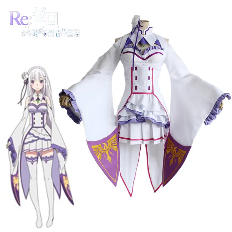 Re:Zero kara Hajimeru Isekai Seikatsu Emilia Anime Cosplay Costume Outfit Dress Stocking +Track Number