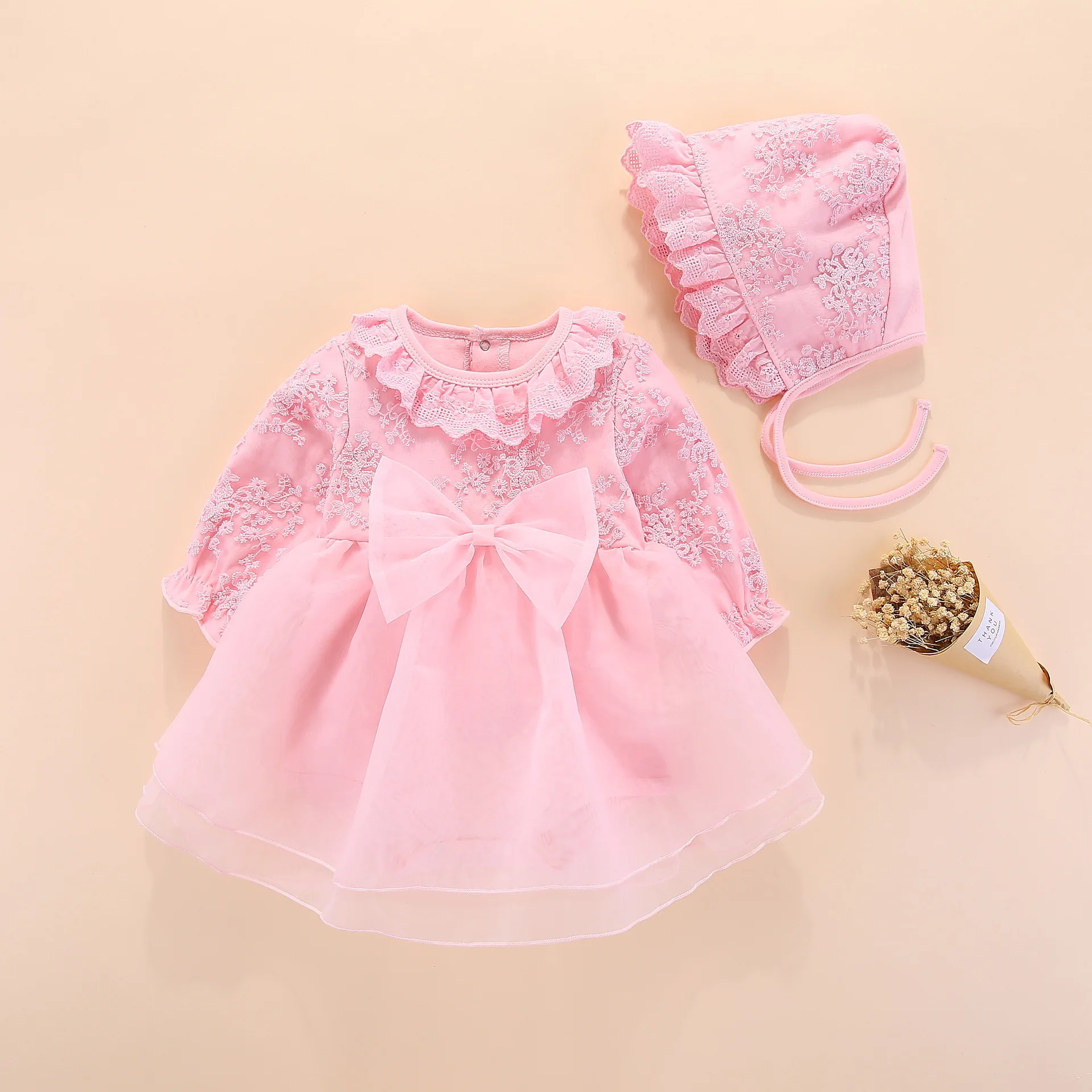 Foohinck Long Sleeve Baby Girls Dress Princess and Wedding Baptism Kids Dresses Newborn Baby Girl Clothes Pink Set with Hat