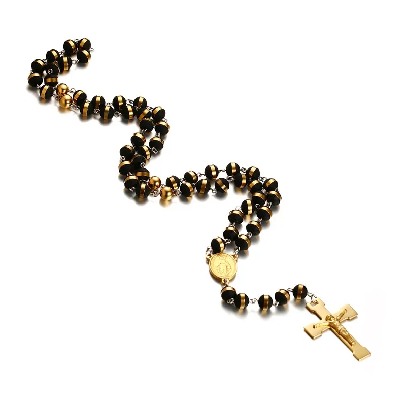 Men Rubber Rosary Pendant Necklace, Stainless Steel Virgin Mary Jesus Christ Crucifix Cross Jewelry