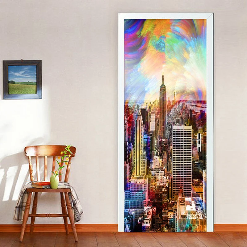 

European Style Retro 3D Murals Wallpaper Color City Building New York Door Sticker Living Room Cafe Backdrop Wall Vinyl Stickers