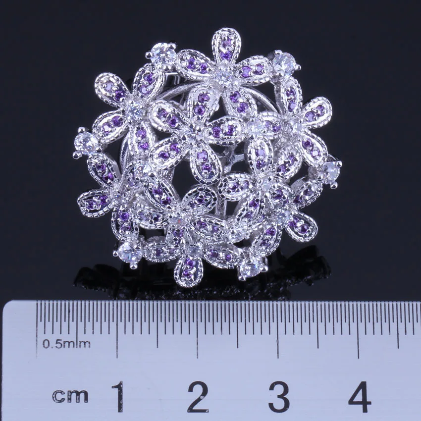 Brilliant Huge Flower Purple Cubic Zirconia White CZ Silver Plated Ring V0523