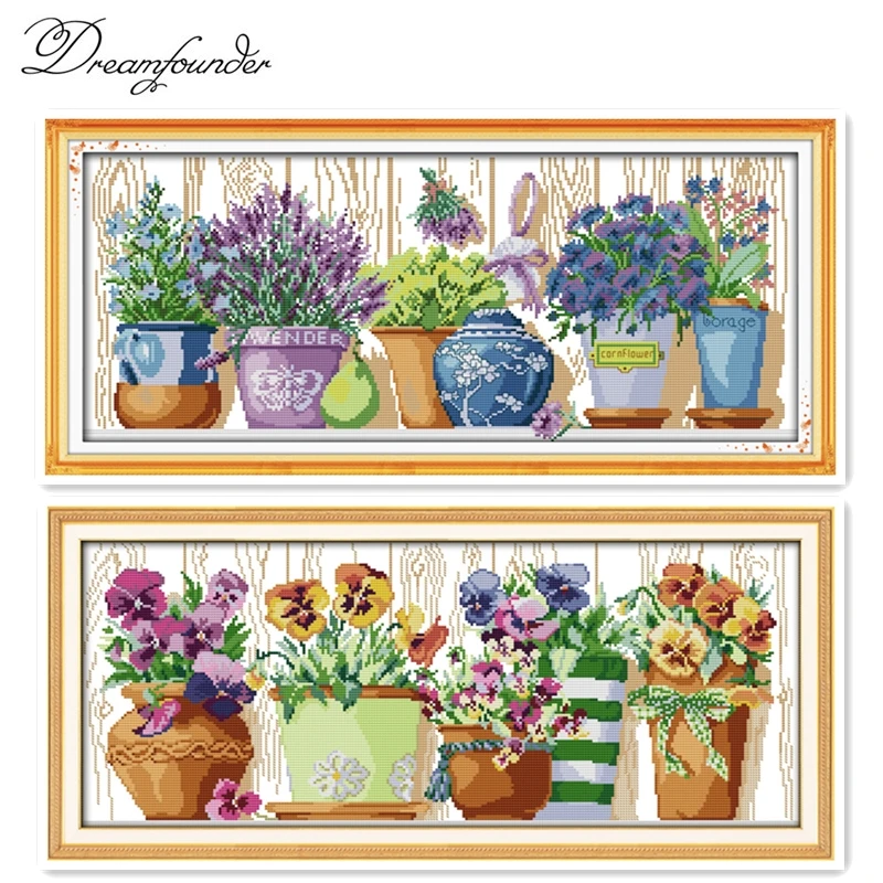 The pottings on the windowsill cross stitch kit aida 14ct 11ct count printed canvas stitches embroidery DIY handmade needlework