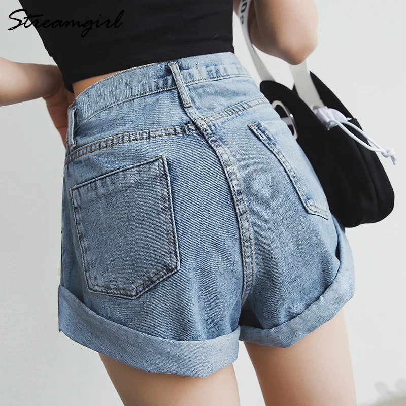 Streamgirl Denim Shorts Women\'s White Women Short Jeans Khaki Wide Leg Elastic Waist Vintage High Waist Shorts Women Summer