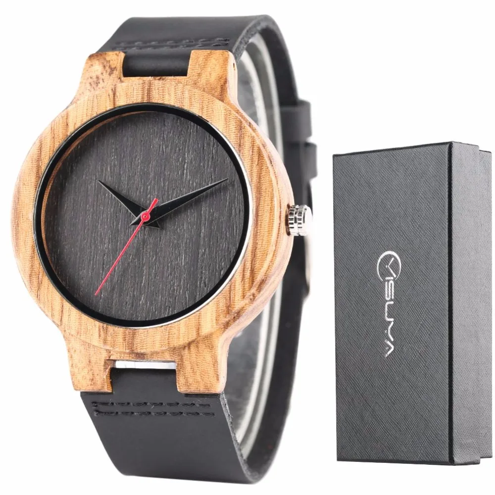 Men Watch Simple Bamboo Ebony Wood Watch Royal Blue Chic Black Quartz Watches Male Clock Hour Man Genuine Leather with Gifts Box