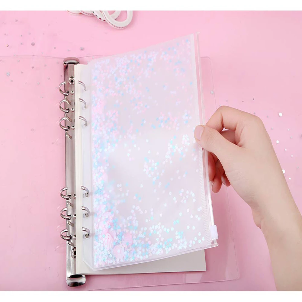 XRHYY 2 Pack Clear Plastic Zipper Pockets Envelopes A5 6-Ring Binder Notebook Built-in Glitter Flakes Decoration Stamp Holder