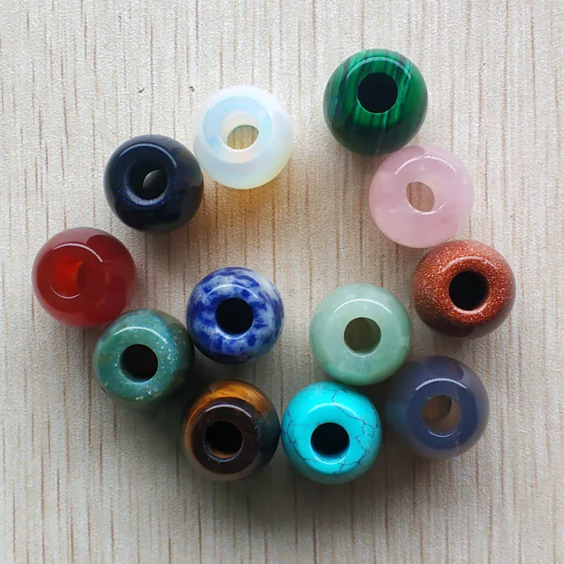 Fashion good quality mix natural stone round big hole beads charms for Bracelet jewelry making free shipping wholesale 12pcs/lot