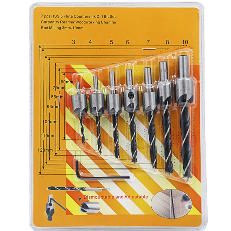 8Pcs Verzinkboor Boren Set Hss Hout Boren Ruimer Kit Voor Houtbewerking Afschuining Power Tools 3Mm 4Mm 5Mm 6Mm 7Mm 8Mm 10Mm