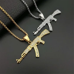 Hip Hop Jewelry AK47 Gun Pattern Necklace Gold Color Stainless Steel Cool Fashion Military Pendant & Chain For Men