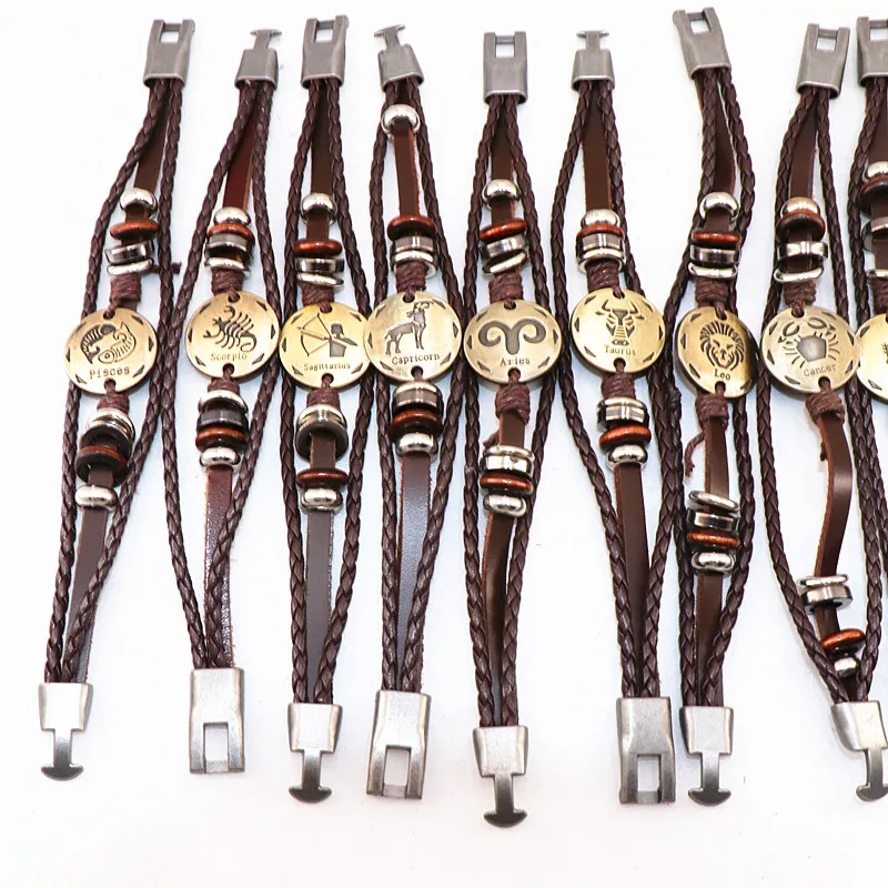 Wholesale 36pcs/lot Twelve Constellations Leather Bracelet Retro Brown MultiLayer Buckle Punk Woven Zodiac Bangle For Men Wome