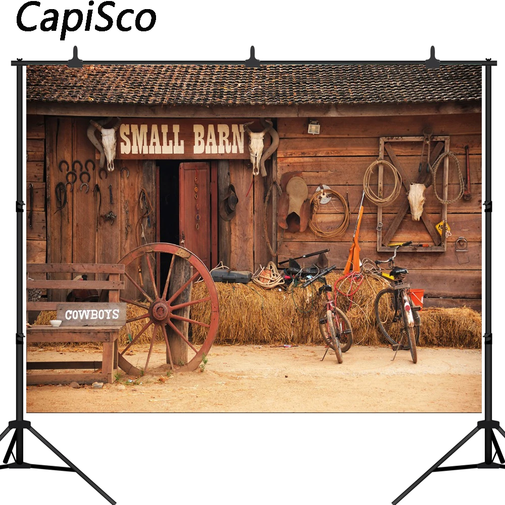 

Capisco Small barn cowboy wheel wooden door American western style photography backdrops photocall photo backdrop decorations