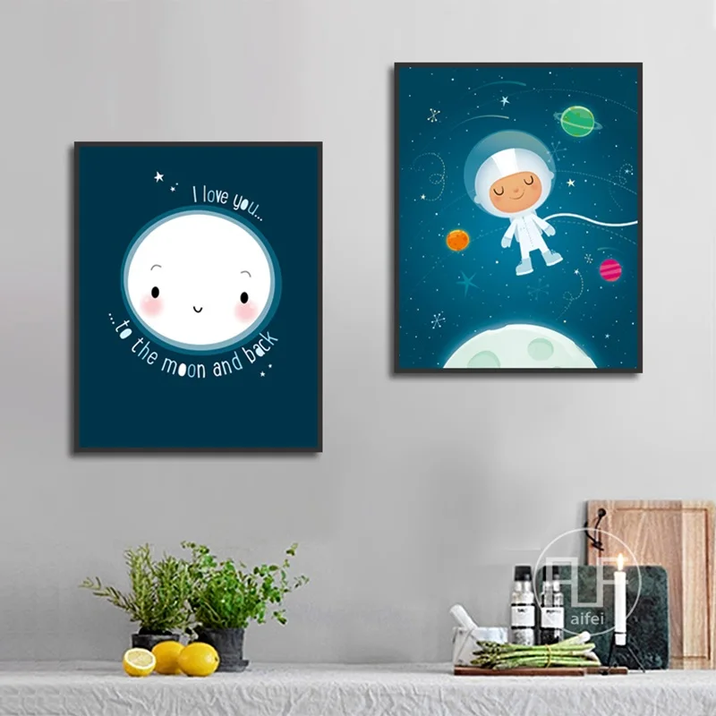 

Nordic Poster Kids Room Decoration Blue Space Cartoon Space Landscape Wall Pictures for Living Room Nursery Canvas Painting