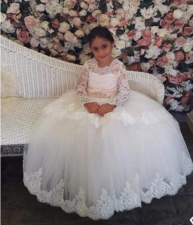 

New Ivory White Flower Girl Dress with Belt Tulle Lace Girls Wedding Dresses Long Sleeve Princess First Communion Dress
