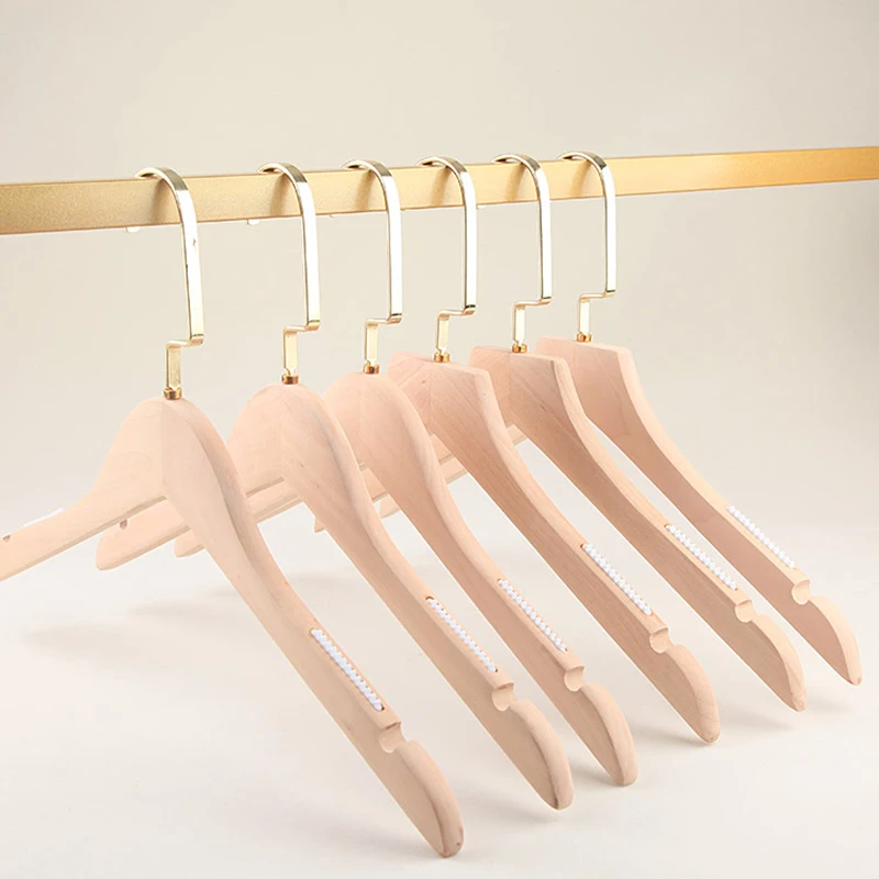 10 pcs/lot Paintless Solid Wood Clothes Hangers with Golden Flat Hook Anti-skid Flocking Hanger Men and Women Clothing Hanging