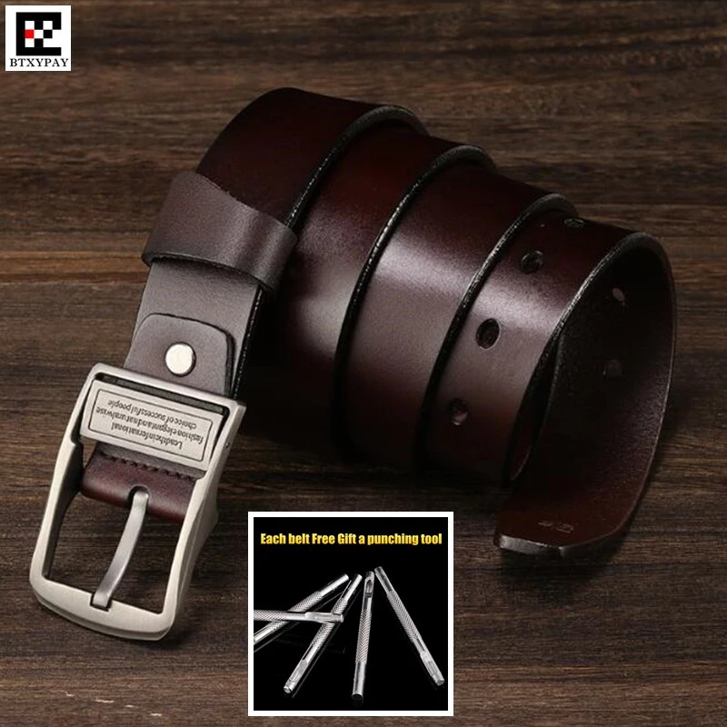 3.8cm Top Classical Men Genuine Leather Belts,100% Two-layer Cowhide Pin Hole Belt Straps,with Pin Buckle+Punch Tool+Gift Box