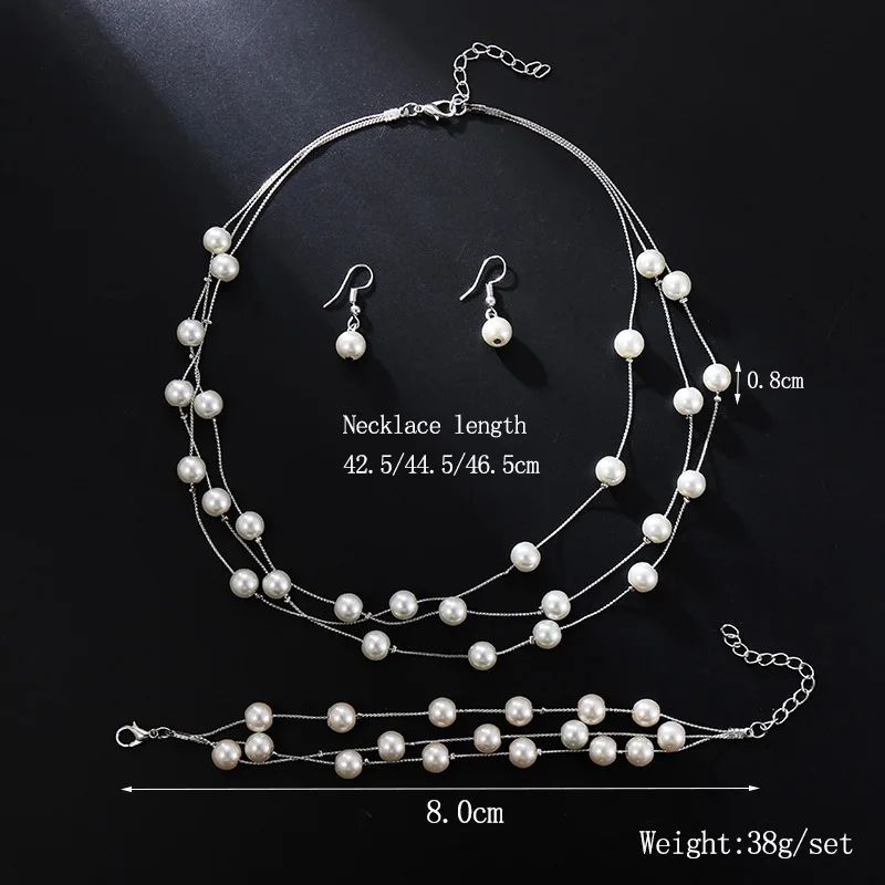 TREAZY 3 Layers Cream Simulated Pearl Jewelry Set for Women Necklace Earrings Bracelet Sets Bridal Wedding Jewelry Accessories