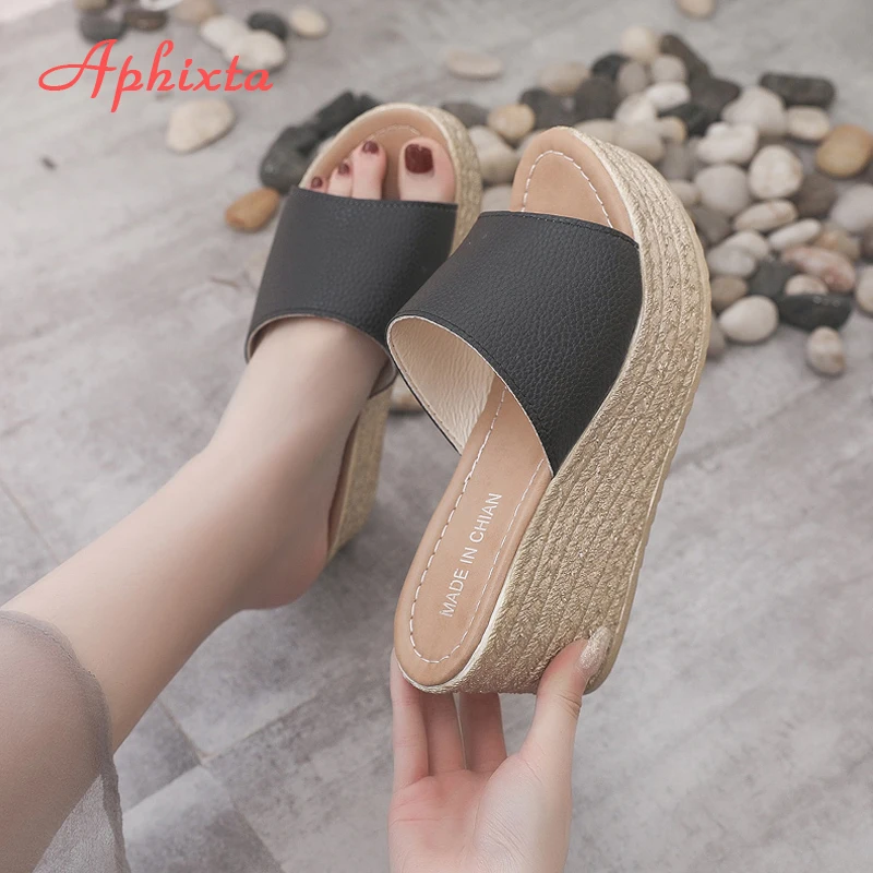 Aphixta Estate Donna Scarpe Cuneo Della Piattaforma Pantofole Spiaggia di Alta Tacchi Pistone Delle Donne Delle Signore Scarpe In Sughero Oro Heel