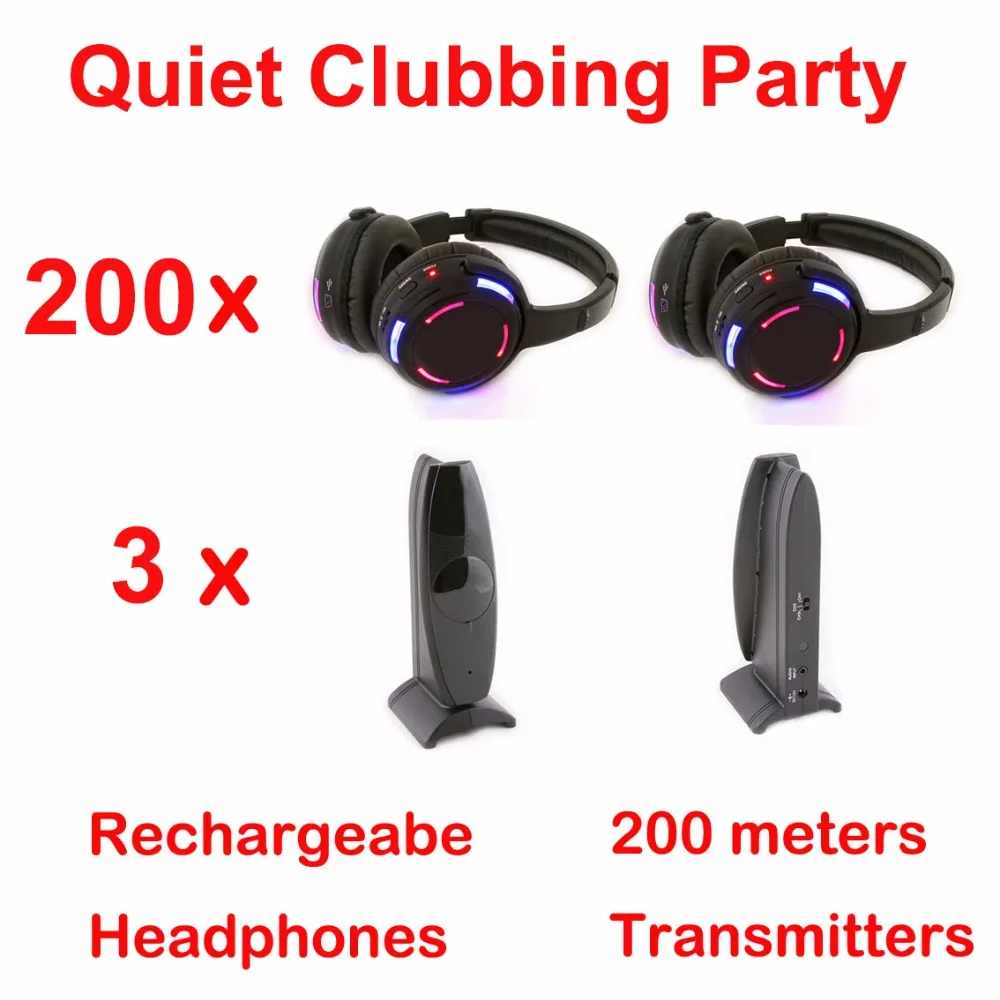 Silent Disco System Black Led Wireless Headphones -200 Headsets + 3 Transmitters