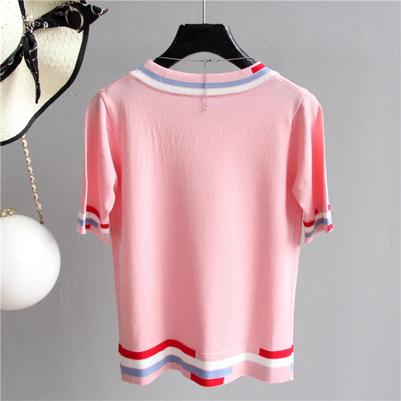 Casual Tees Women Knitting Tops patchwork short sleeve Ladies Shirts Summer sweaters Female Pullovers Pink White Loose