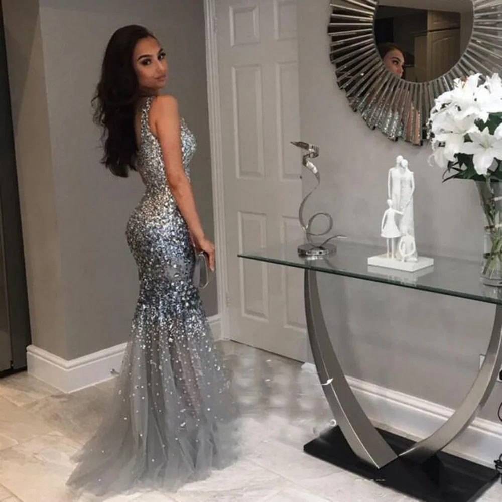 

Luxury Saudi Arabic Full Beaded Crystal Prom Dress Long Mermaid Spark Formal Party Women Gowns Robe De Soiree Custom Made