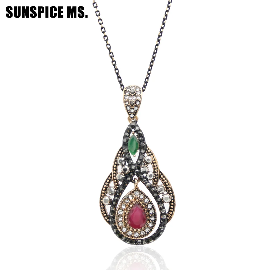 Sunspicems Vintage Turkish Pendant Necklaces For Women Antique Gold Color Resin Arabic Jewelry Full Crystal