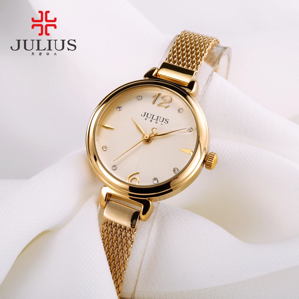 JULIUS JA-934 Brand Ladies Rose Gold Watch Round Dial Full Steel Mesh Band Japan Quartz Dress Watch Women Waterproof Gift Clock