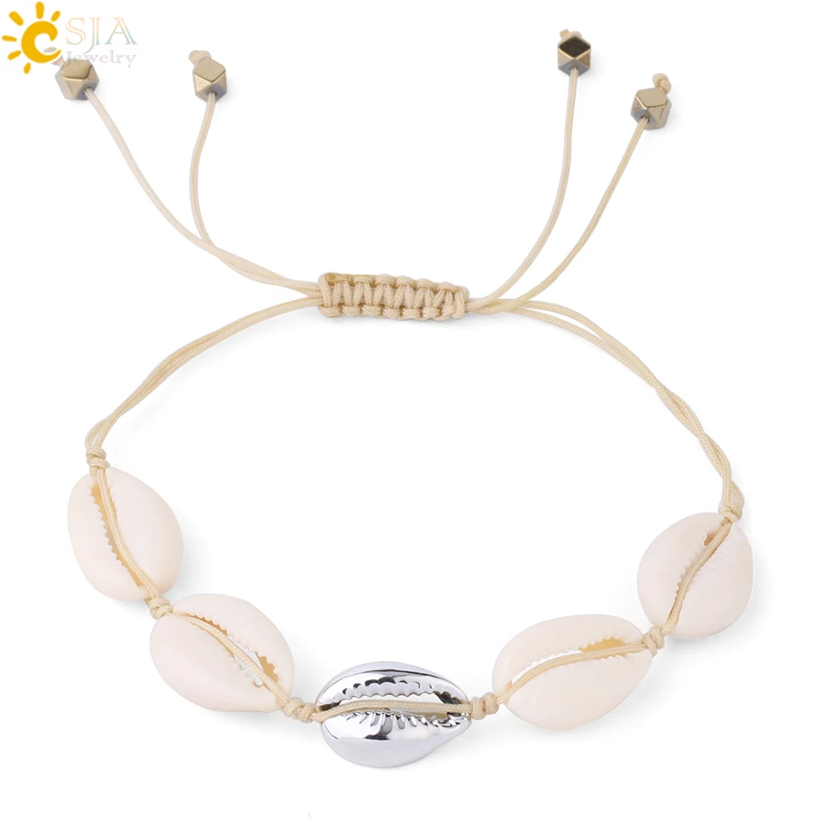 CSJA Natural Sea Shells Bracelets Seashell Bracelet White Gold Color Women Knit Beach Handmade Summer Holiday Jewelry S339