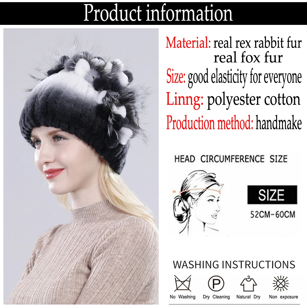 Neue Russische Damen Echt Rex-Kaninchenfell Mützen Luxuriöse Gestrickte Blumen Echte Rex-Kaninchenfell Kappe Winter Echt-Fell Beanie Mütze – Detail 1