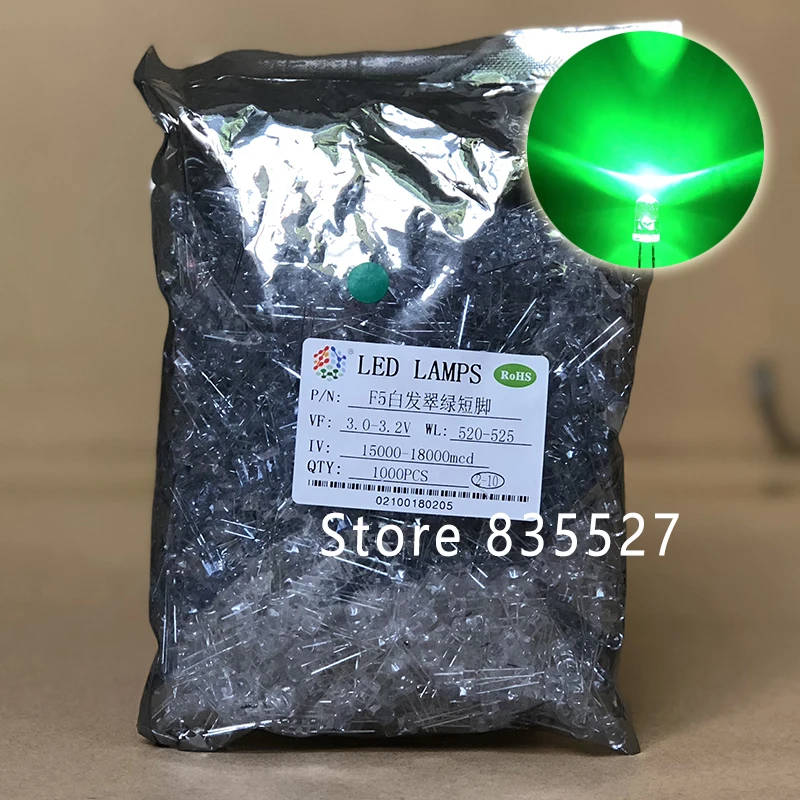 super bright led light emitting diode kit contas de lampada dip agua e clara verde esmeralda redondo f5 mm 1000 pcs por lote 01