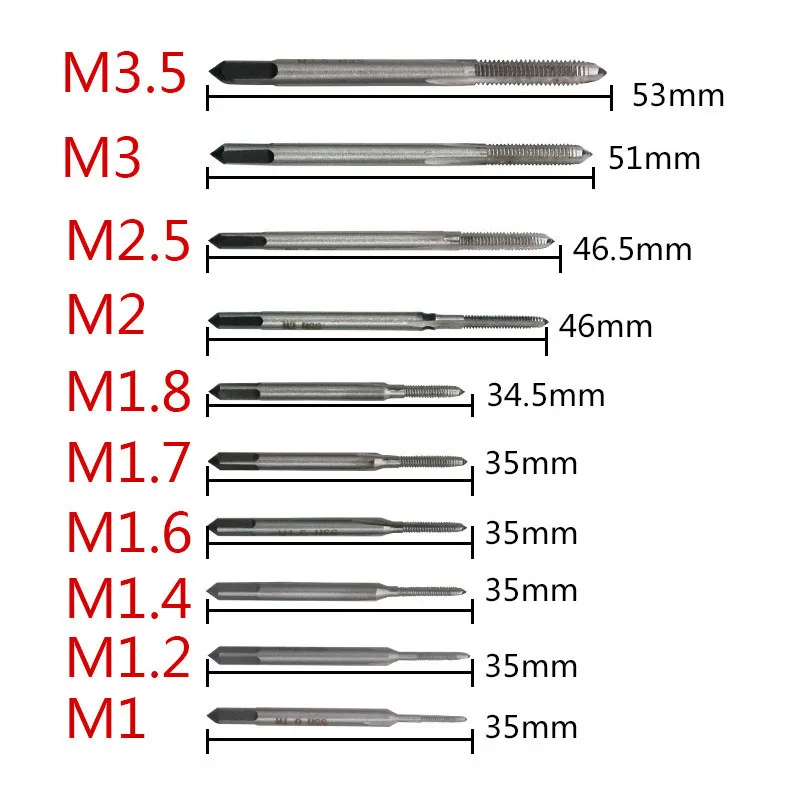 10 pçs/set Ferramentas Manuais Mini Rosca Da Torneira Fio Tocando/Rosqueamento/Torneiras M1 M1.2 M1.4 M1.6 M1.7 M1.8 M2 M 2.5 M 3 M3.5