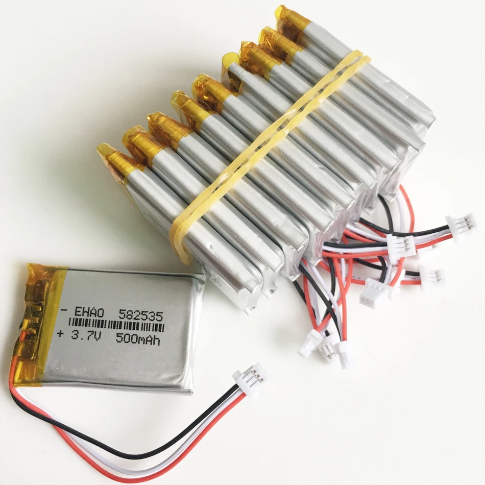 10 PCS 3.7V 500mAh Lithium Polymer LiPo Rechargeable Battery JST 1.0mm 3pin connector 582535 For Mp3 GPS bluetooth Camera watch