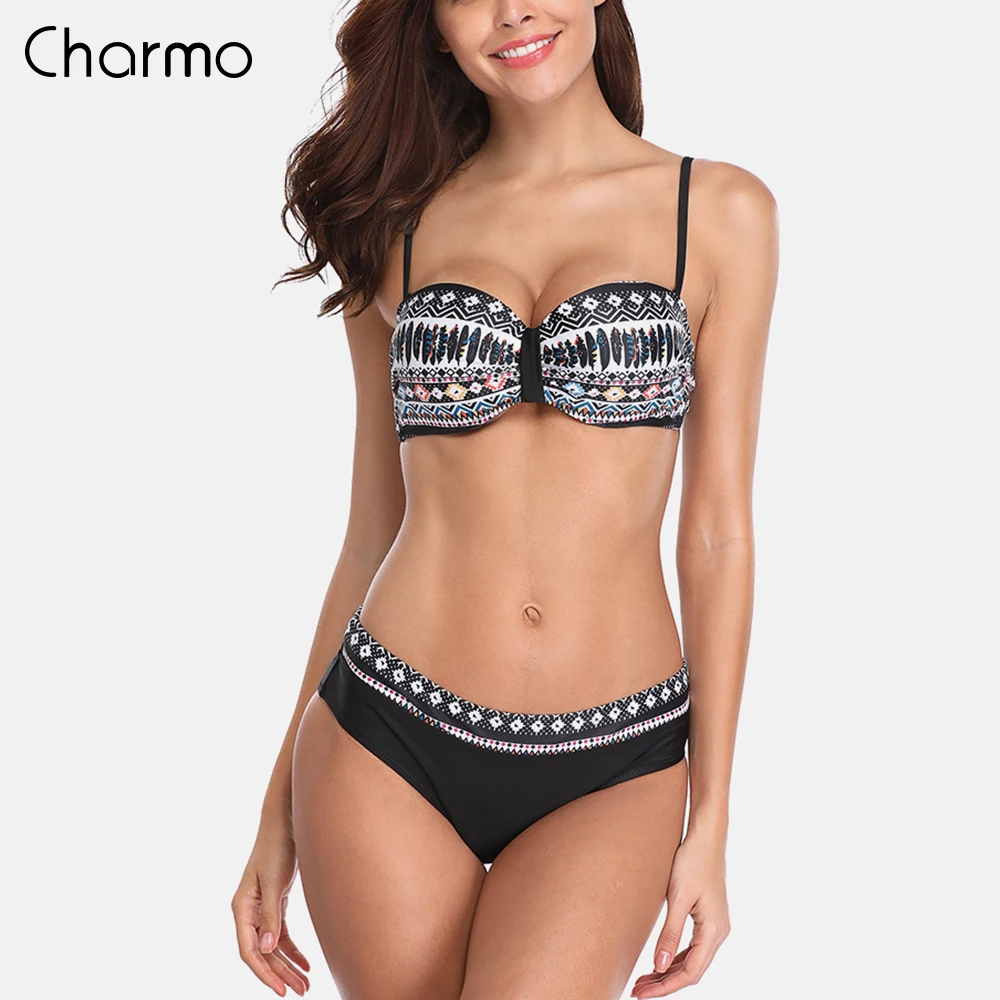 Charmo Women Bikini Set Retro swimwear Striped Bikini Floral Printed Swimwear Women Sexy Swimsuit underwire vintage bikini set