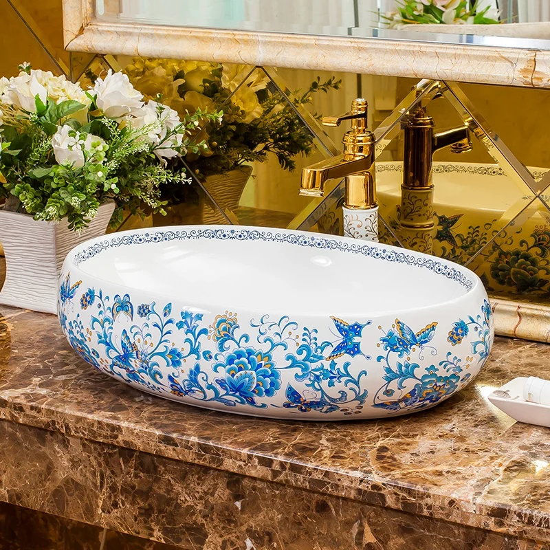 Europe Vintage Style Ceramic Art Basin Sinks Counter Top Wash Basin Bathroom Vessel Sinks vanities sink to bath room oval