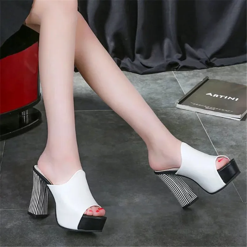 Summer Sexy Women Elegant Red High Heel Sandals Peep Toe Platform Shoes Zebra Chunky Heel Shoes Lady Thick Heel Fashion 34-40