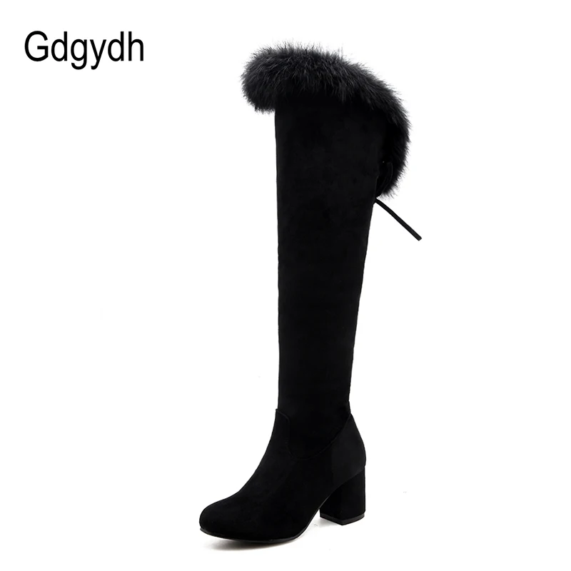 Gdgydh 2022 New Winter Boots Women Real Fur Large Size Snow Boots Ladies Black Square Heels Woman Shoes Over the Knee Boots